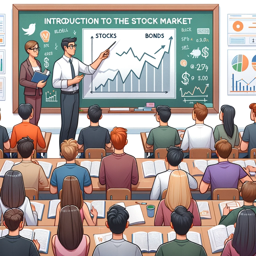 A classroom scene with a teacher lecturing on 'Introduction to the Stock Market', with students of diverse backgrounds attentively listening and taking notes.