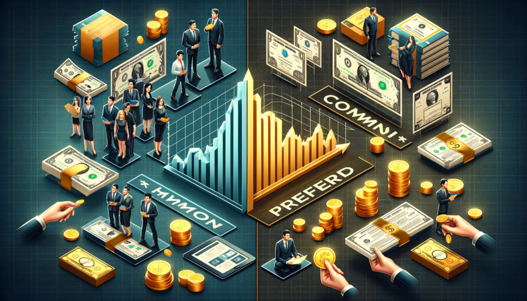 An illustrative image showing two types of stocks. On the left, 'Common Stocks' are represented by a diverse group of business people with fluctuating market trends in the background. On the right, 'Preferred Stocks' are depicted in a luxurious setting with golden certificates and a steady, rising graph.