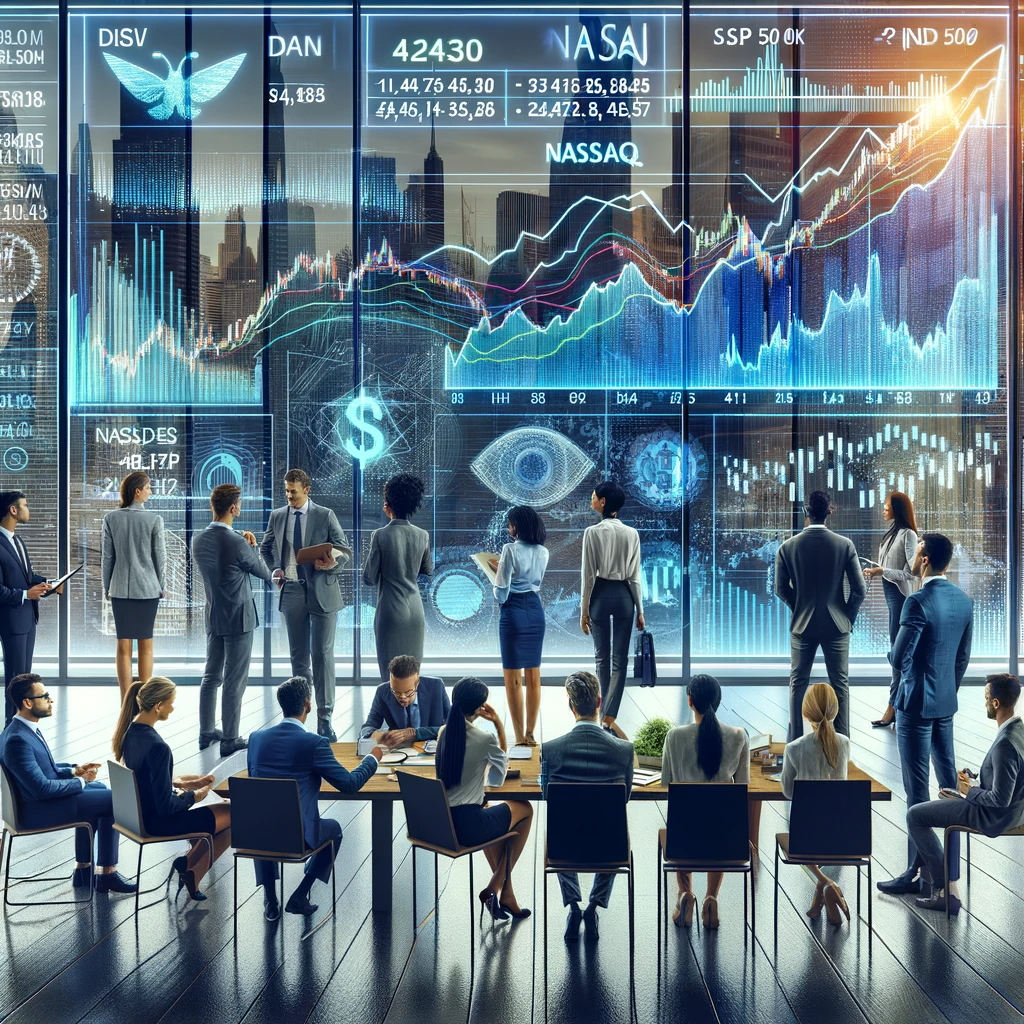 A diverse group of professionals analyzing stock market indices on a digital display in a modern office setting, with a city skyline visible through a large window.