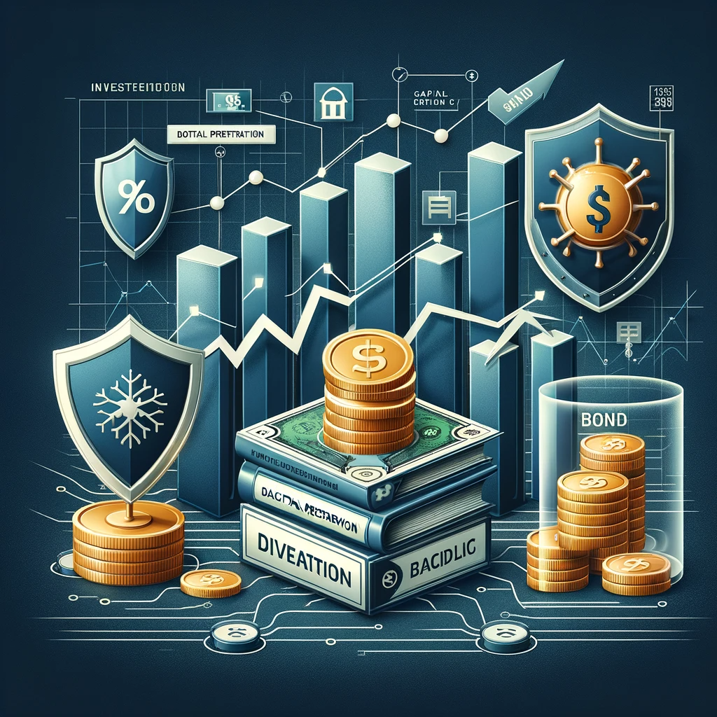 A visual representation of the advantages of investing in bonds, featuring a stable financial chart, a diversified investment portfolio, a shield protecting wealth from volatility, and a depiction of capital preservation.