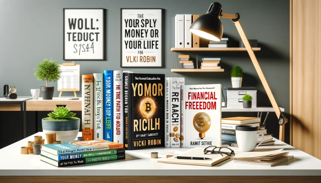 A collection of top financial education books for beginners in 2024 on a white desk.